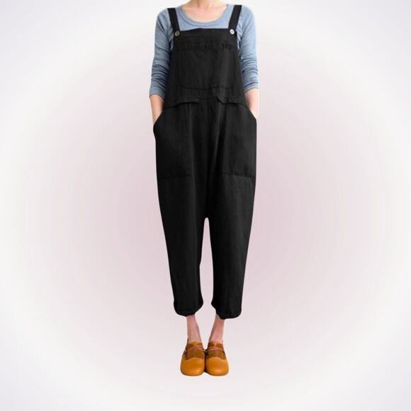Baggy Oversized Linen-Feel Overalls with Pockets | Sz S - Picture 1 of 8